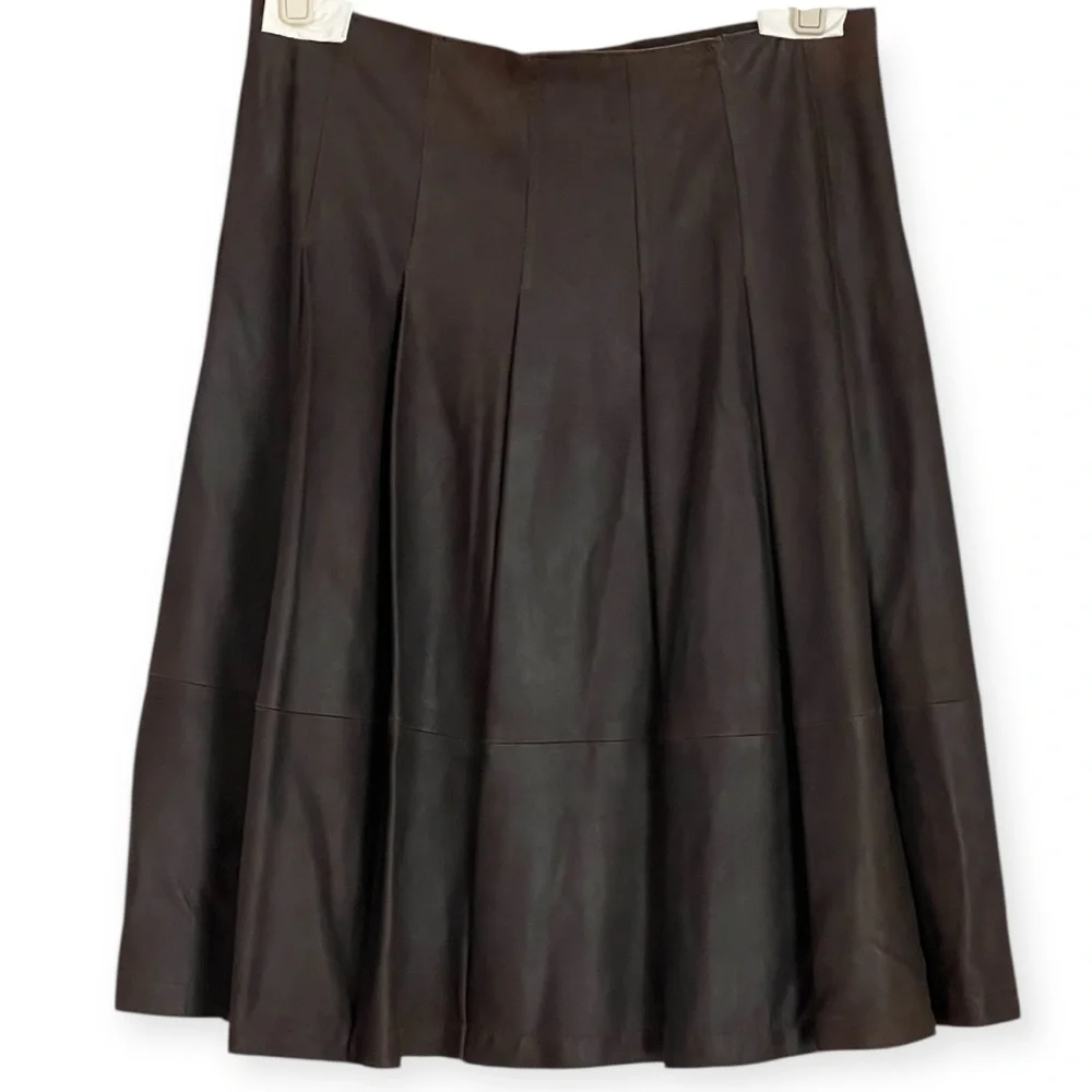 Max Mara Weekend Brown Vintage Leather pleated Midi Skirt Size 10 - Picture 2 of 6